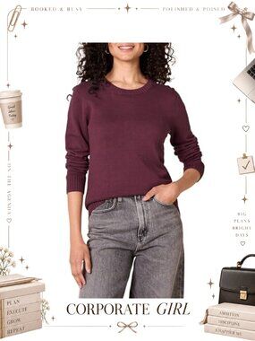 100% Cotton Crewneck Pullover Sweater Long Sleeve Rib Trim